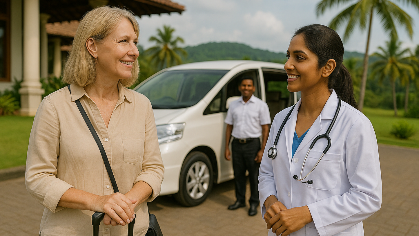 A doctor greeting a patient with a smile, with a healthcare support staff standing behind them, near a vehicle, in a location that appears to be in or around a tropical setting.
