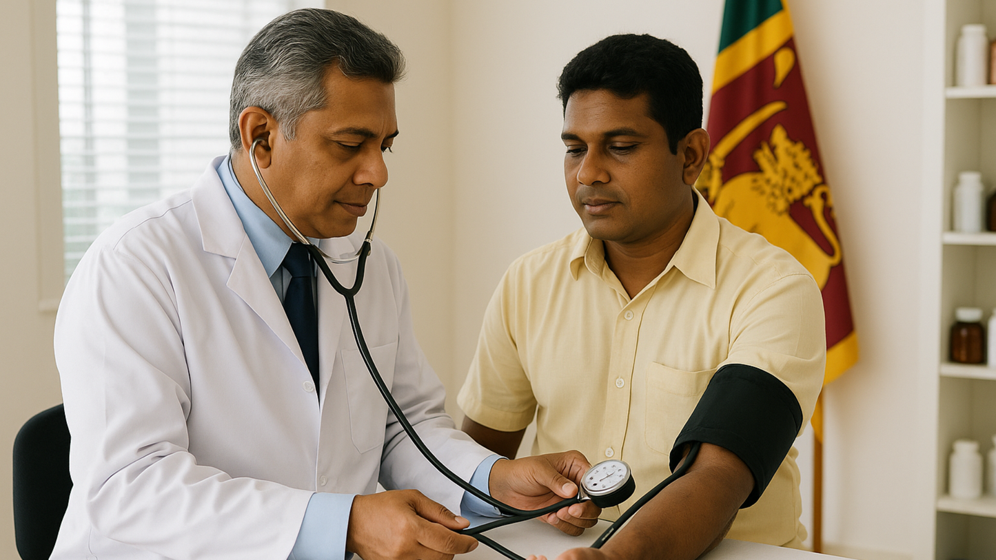 A patient seated in a chair has his blood pressure measured by a standing doctor, with a stethoscope, in an office setting. The patient is wearing a yellow shirt and the doctor is wearing a white coat.