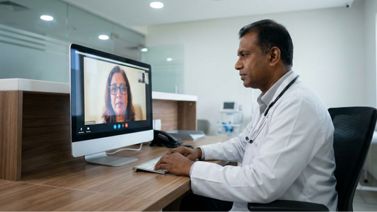 Doctor in a white coat sitting at a desk, using a computer for a video call with another person.